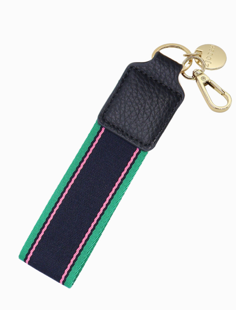 Front view - striped navy green keyring 