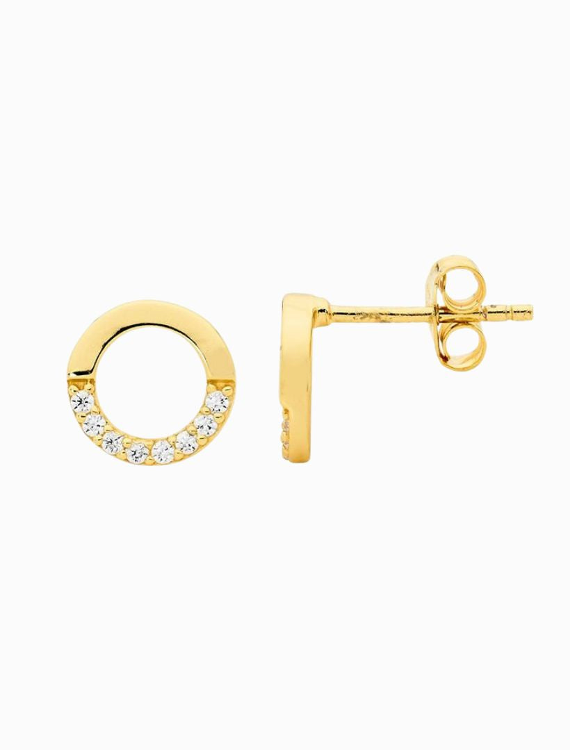 Open Circle Earrings Half Cubic Zirconia Gold