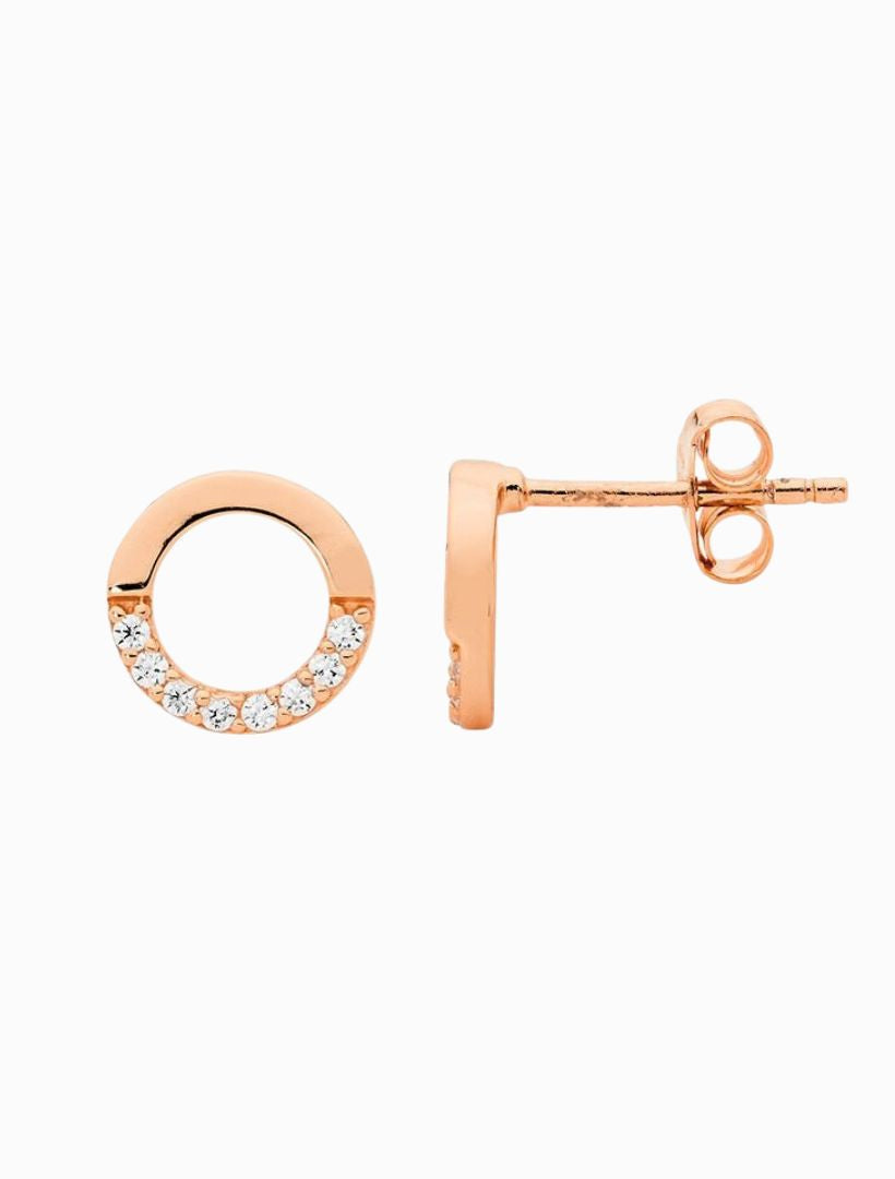 Open Circle Earrings Half Cubic Zirconia Rose Gold