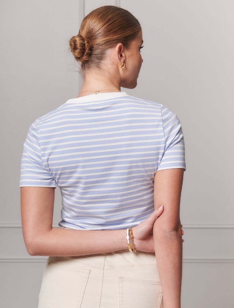 Model wearing Zjoosh  blue striped tee back view