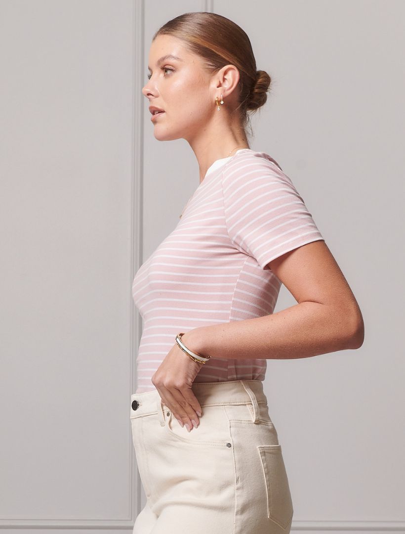 Side view - pink striped tee