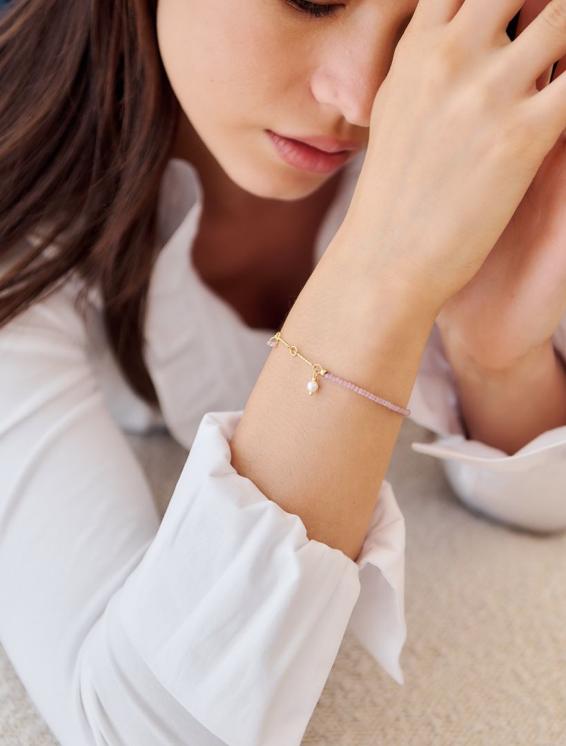 Pink Stone Pearl and Gold Bracelet