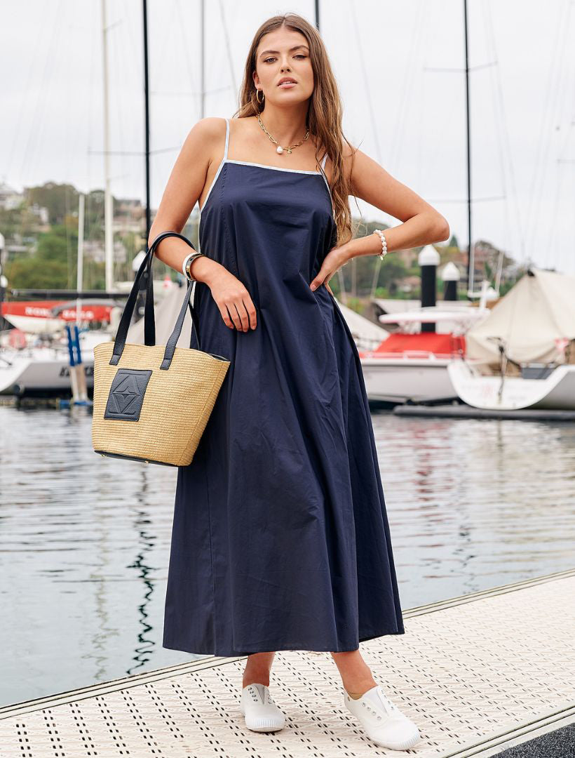 Model wears Zjoosh - Navy cotton maxi dress