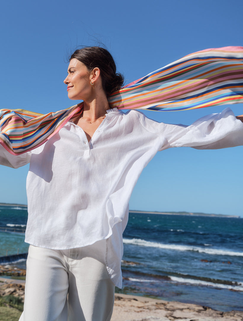 Front view - Colourful striped silk scarf 