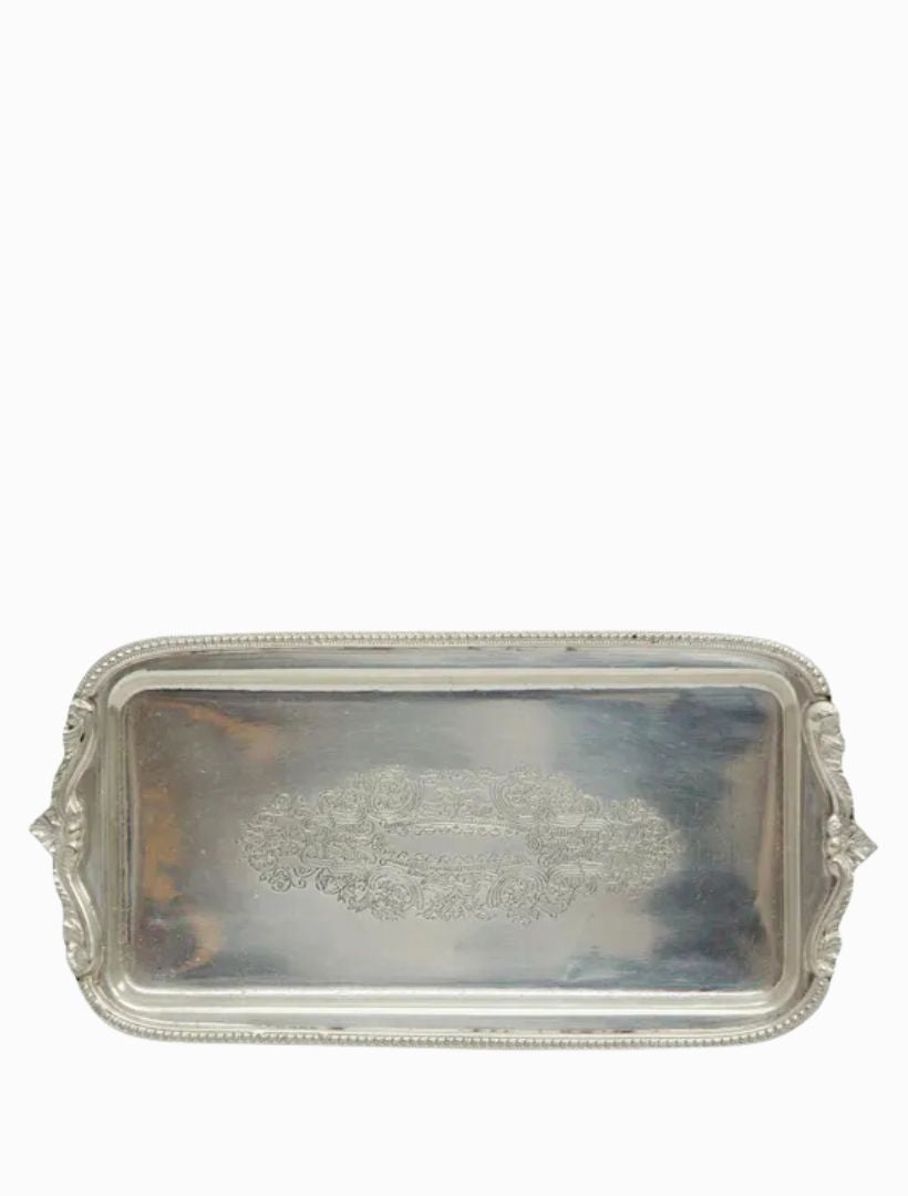 Front view - silver rectangle silver tray with beading