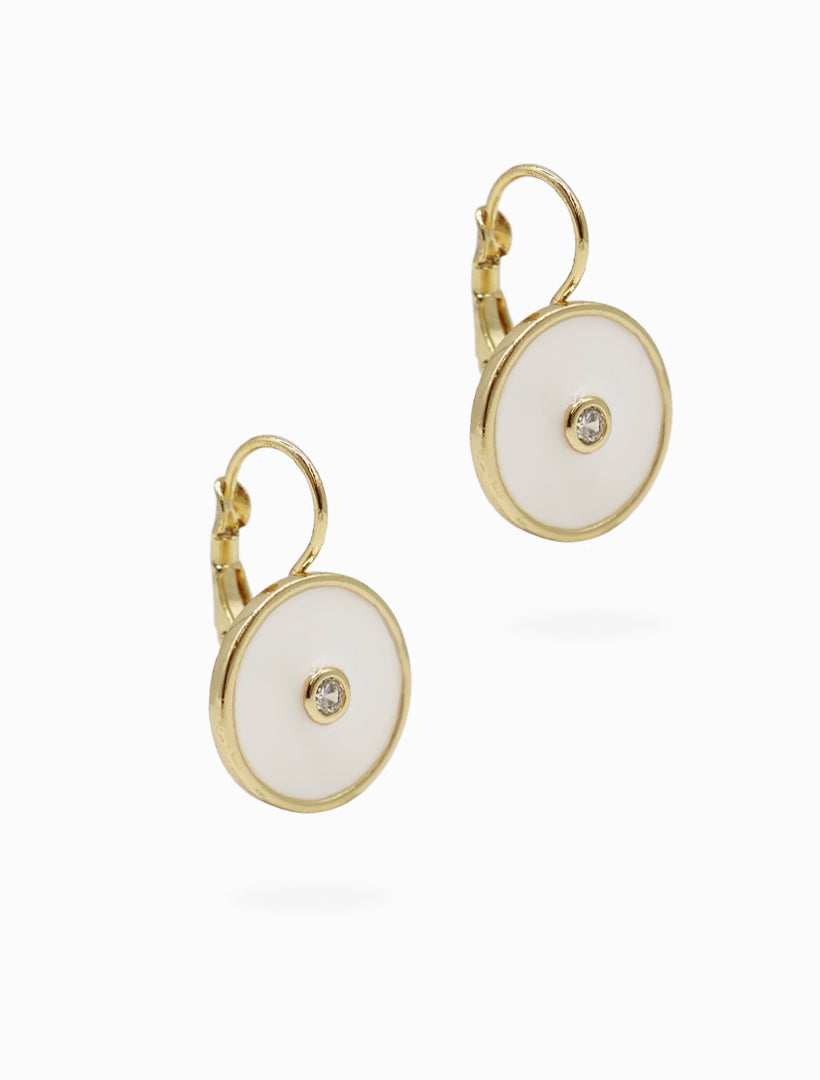 Side view - Round white enamel earrings 