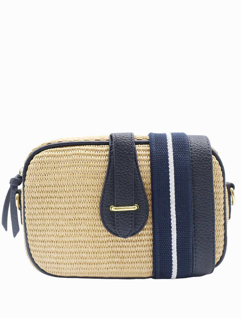 Front view - straw navy cross body bag 