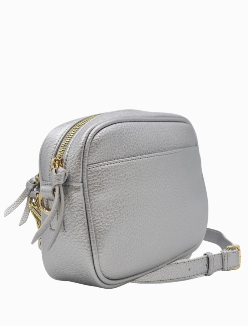 Diagonal view - silver cross body bag