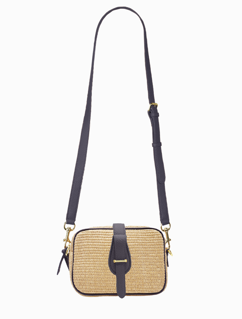 Front view - straw navy cross body bag 