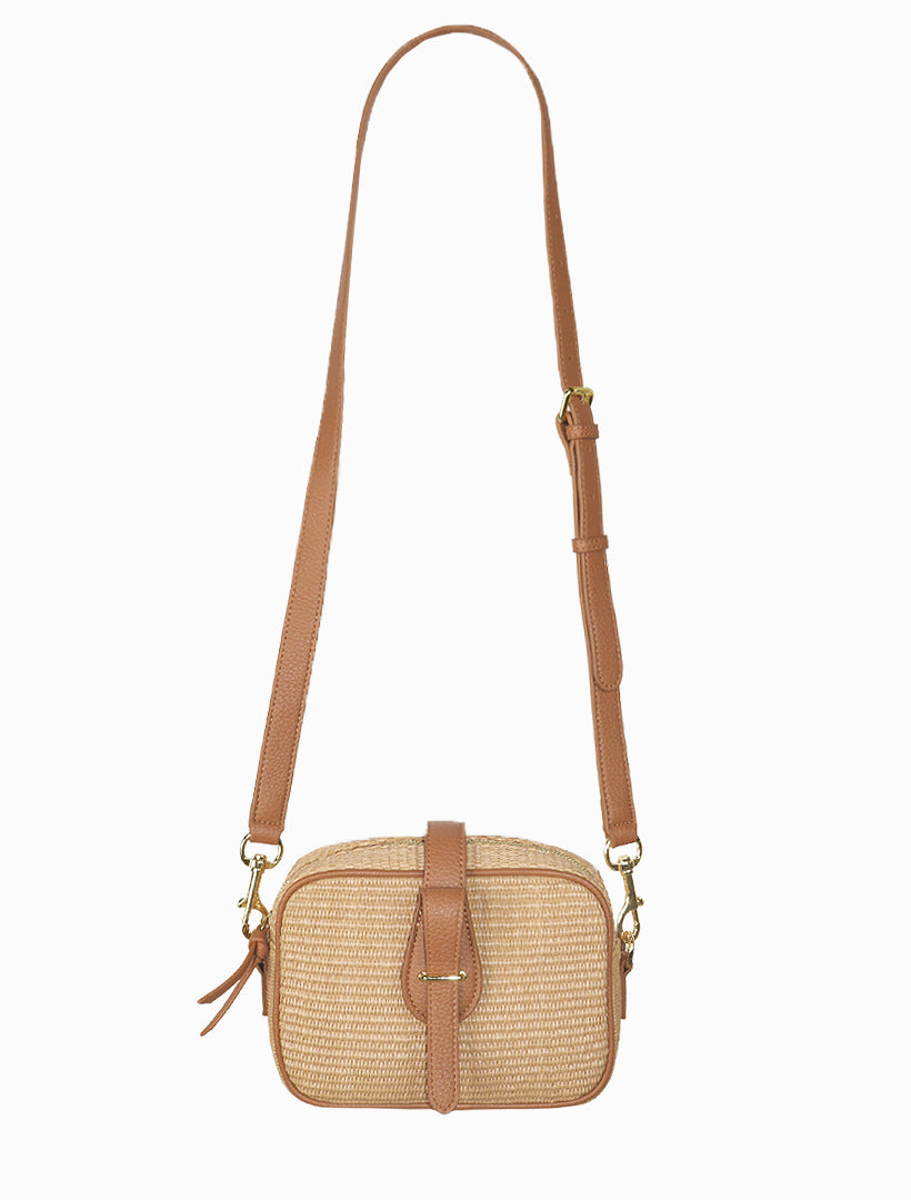 Front view - straw tan cross body bag 