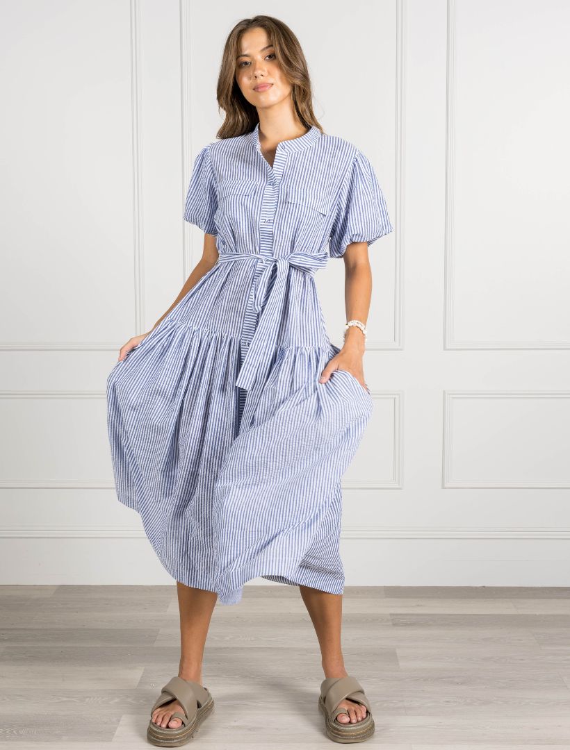 Sandy blue striped tier dress front