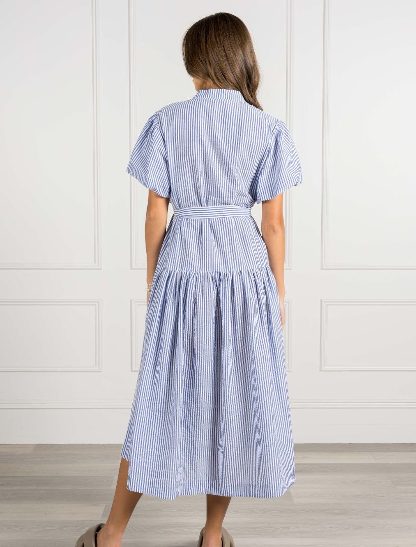 Sandy blue striped tier dress back