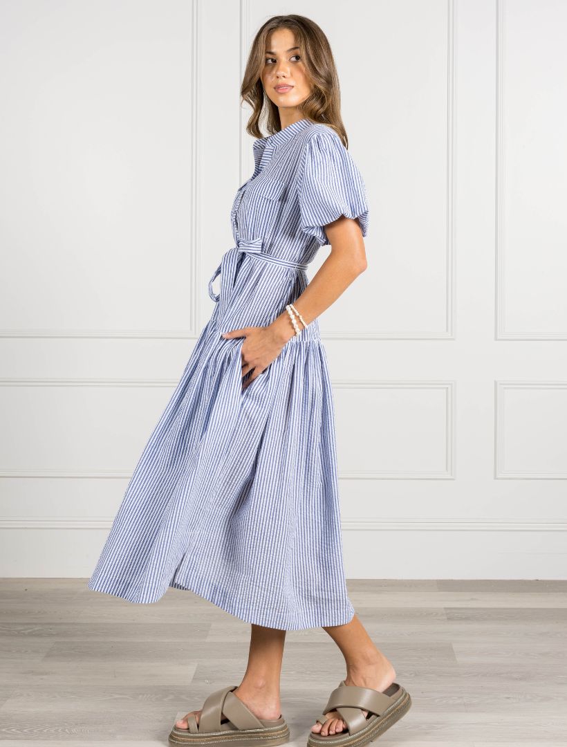 Blue striped tier dress side