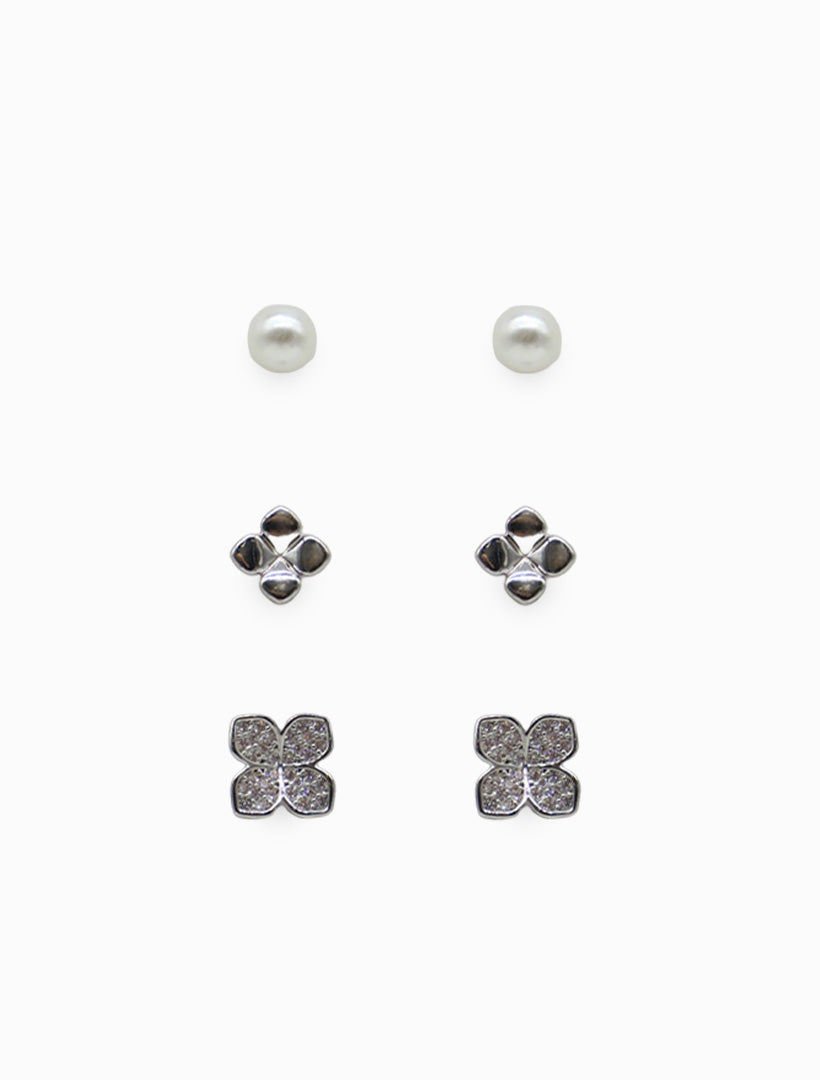 Set of 3 Pearl Flower Studs Silver