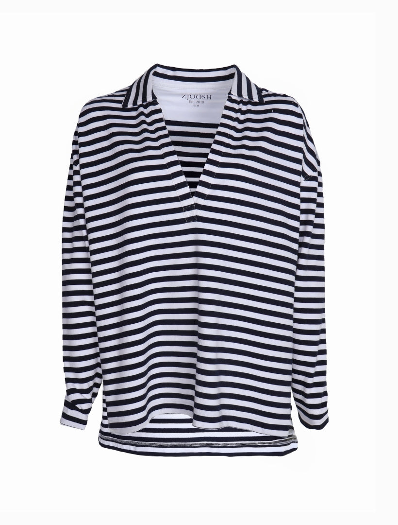 Black and white striped v-neck shirt with collar