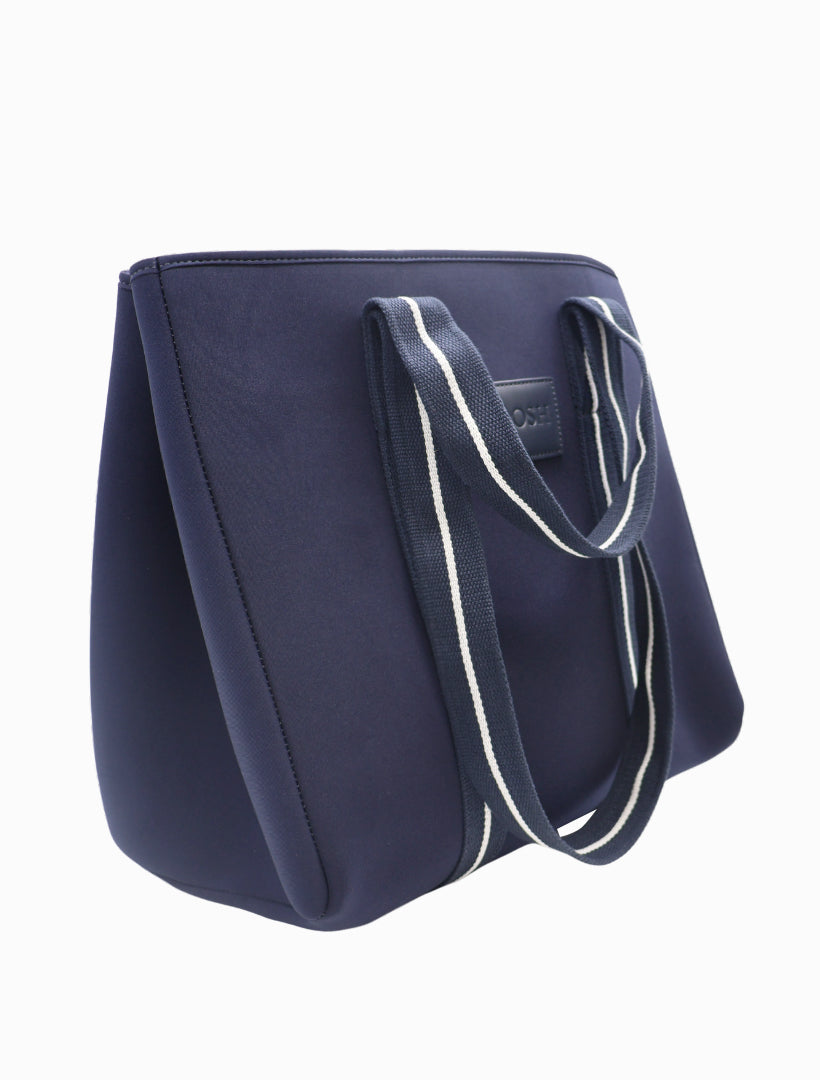 Diagonal view  - navy neoprene tote bag