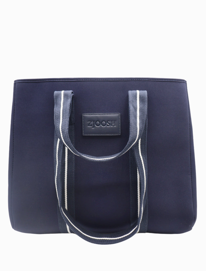 Front view - navy neoprene tote bag