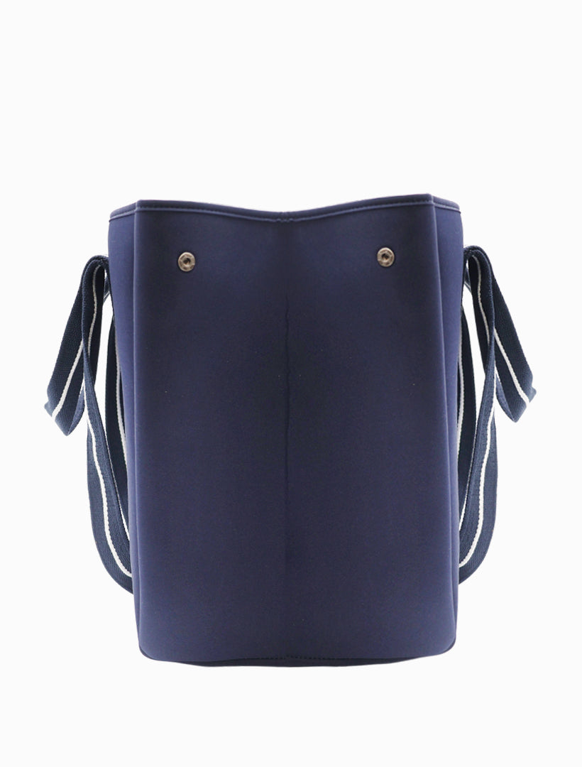 Side view  - navy neoprene tote bag