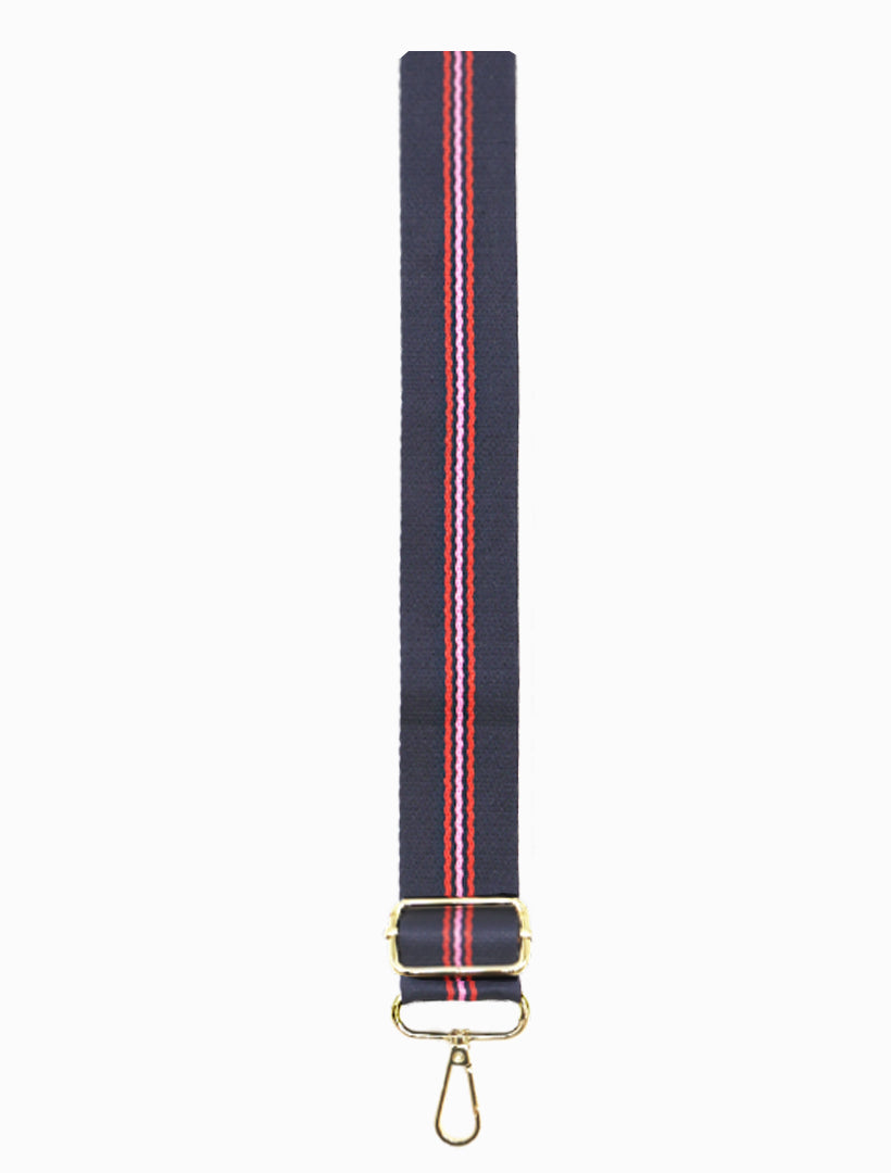 Front view - navy pink webbing bag strap