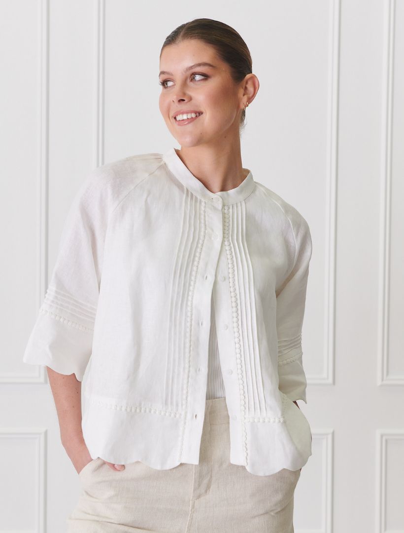 Front view- White linen lace shacket