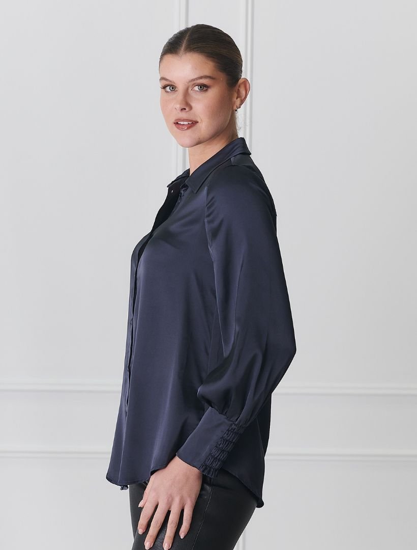Alanis Lux Satin Shirt Navy - FINAL SALE - Zjoosh