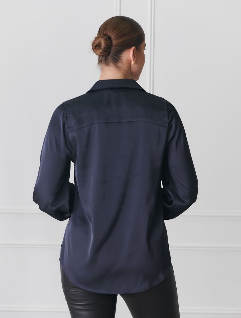 Alanis Lux Satin Shirt Navy - FINAL SALE - Zjoosh