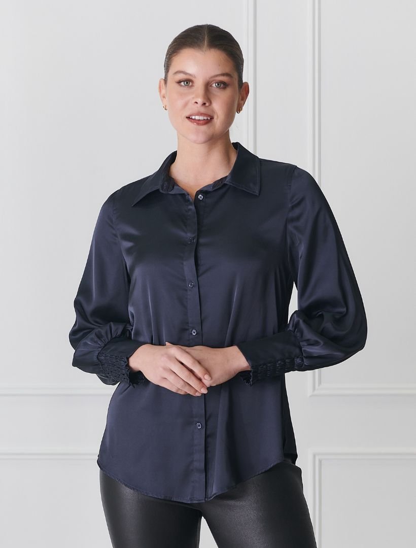 Alanis Lux Satin Shirt Navy - FINAL SALE - Zjoosh