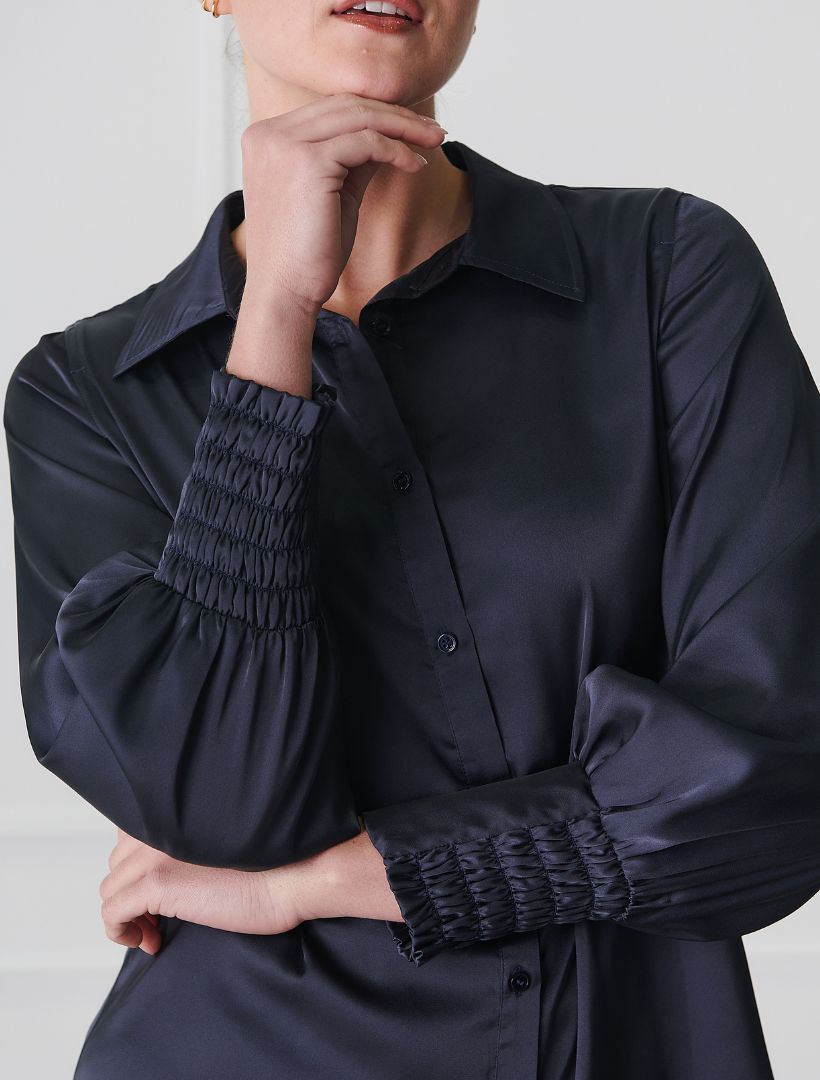 Alanis Lux Satin Shirt Navy - FINAL SALE - Zjoosh