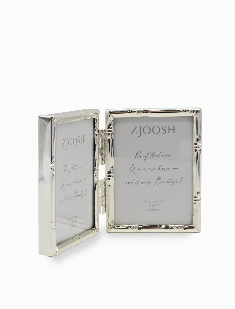Bamboo Double Photo Frame Silver 2.5x3.5 - Zjoosh