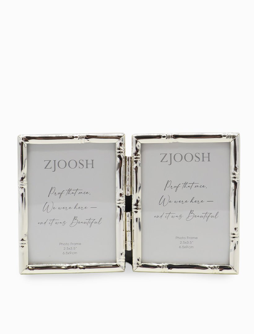Bamboo Double Photo Frame Silver 2.5x3.5 - Zjoosh