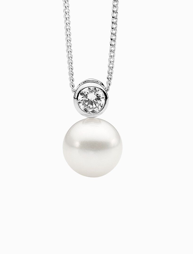 Bezel Set Cubic Zirconia Freshwater Pearl Pendant Rhodium - Zjoosh