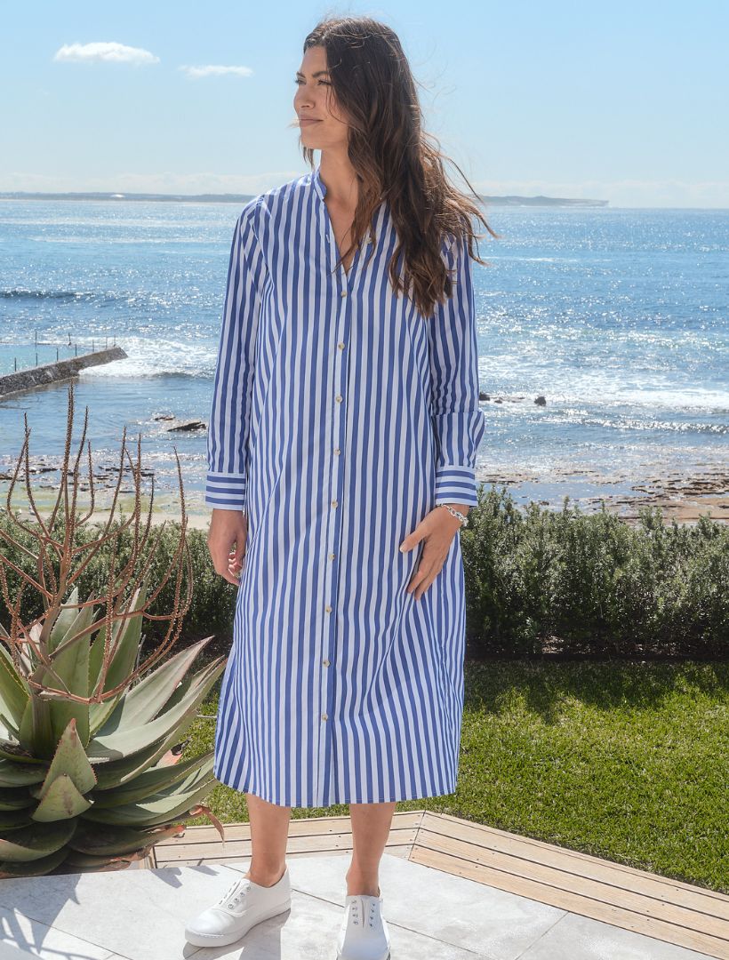 Emma blue striped shirt dress side