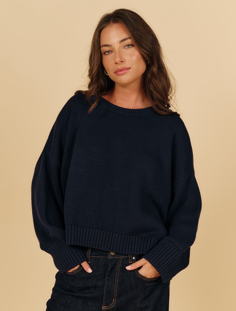 Carla Cotton Crew Neck Jumper Navy - Zjoosh