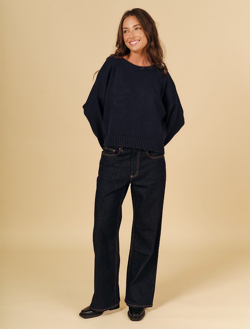 Carla Cotton Crew Neck Jumper Navy - Zjoosh