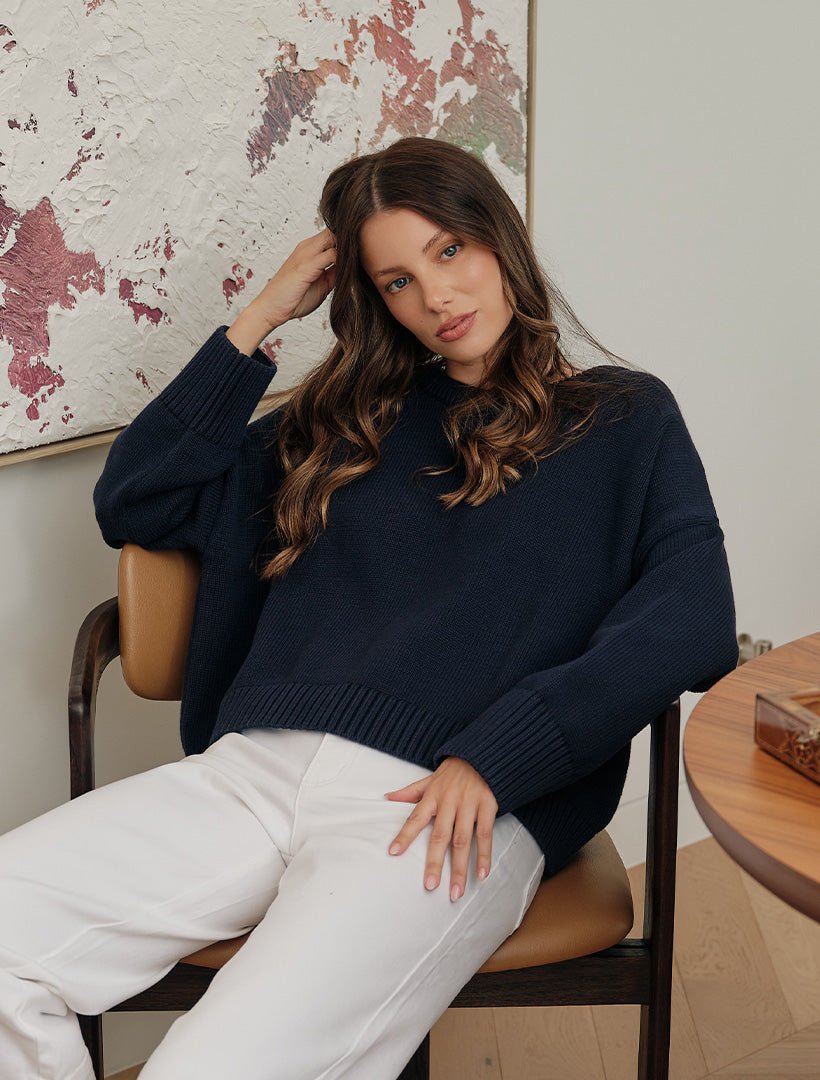 Carla Cotton Crew Neck Jumper Navy - Zjoosh
