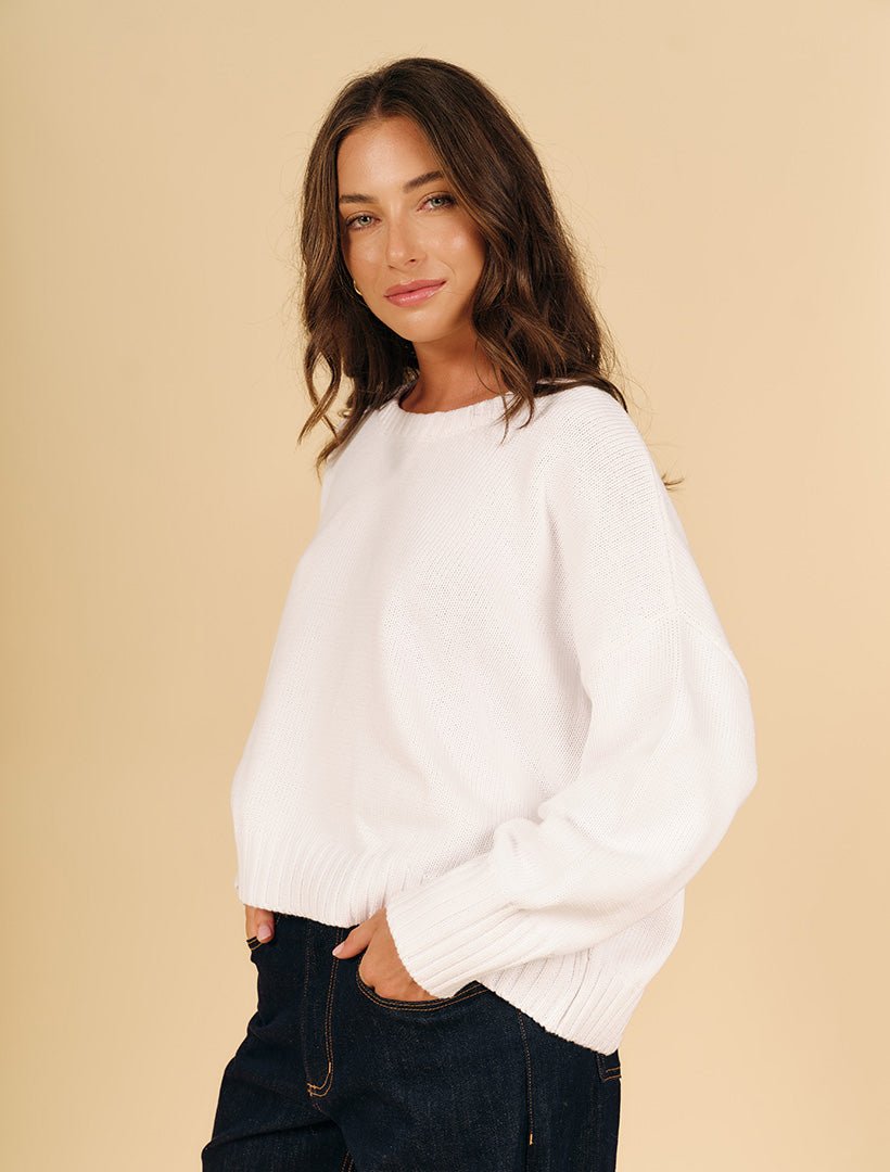 Carla Cotton Crew Neck Jumper White - Zjoosh