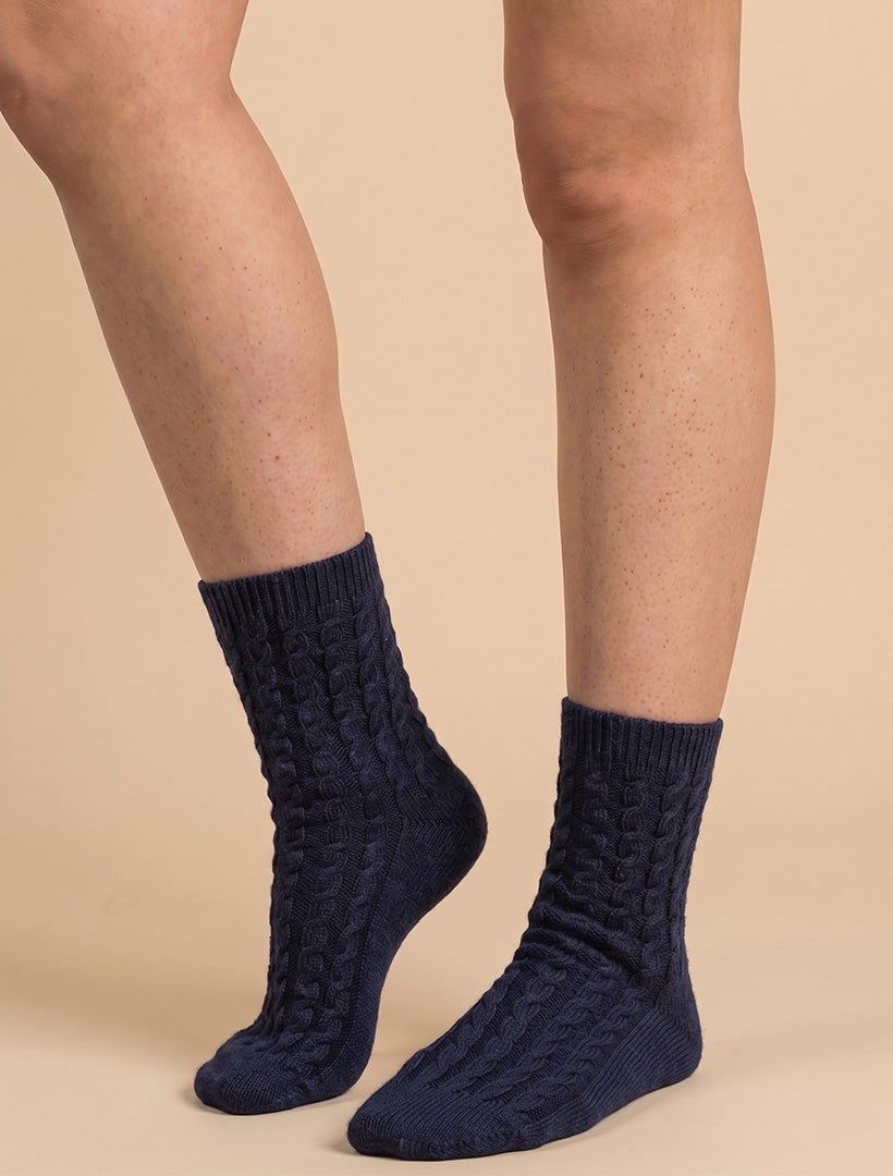 Cashmere Cable Knit Bed Socks Navy - Zjoosh