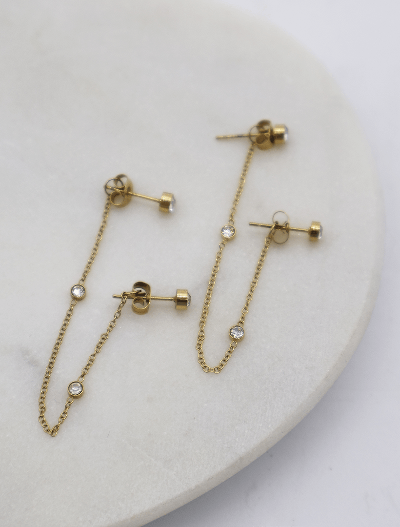 Chain Connected Crystal Studs Gold - Zjoosh