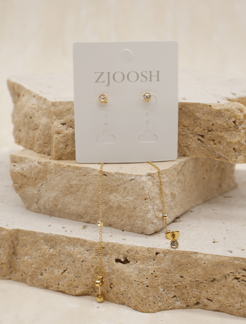 Chain Connected Crystal Studs Gold - Zjoosh