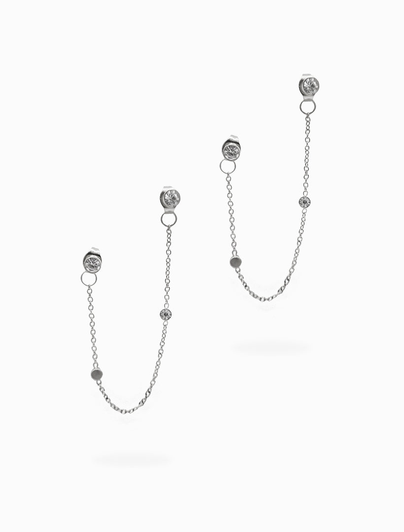 Chain Connected Crystal Studs Silver - Zjoosh
