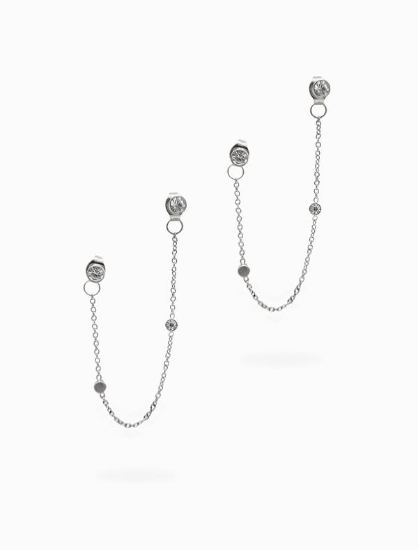 Chain Connected Crystal Studs Silver - Zjoosh