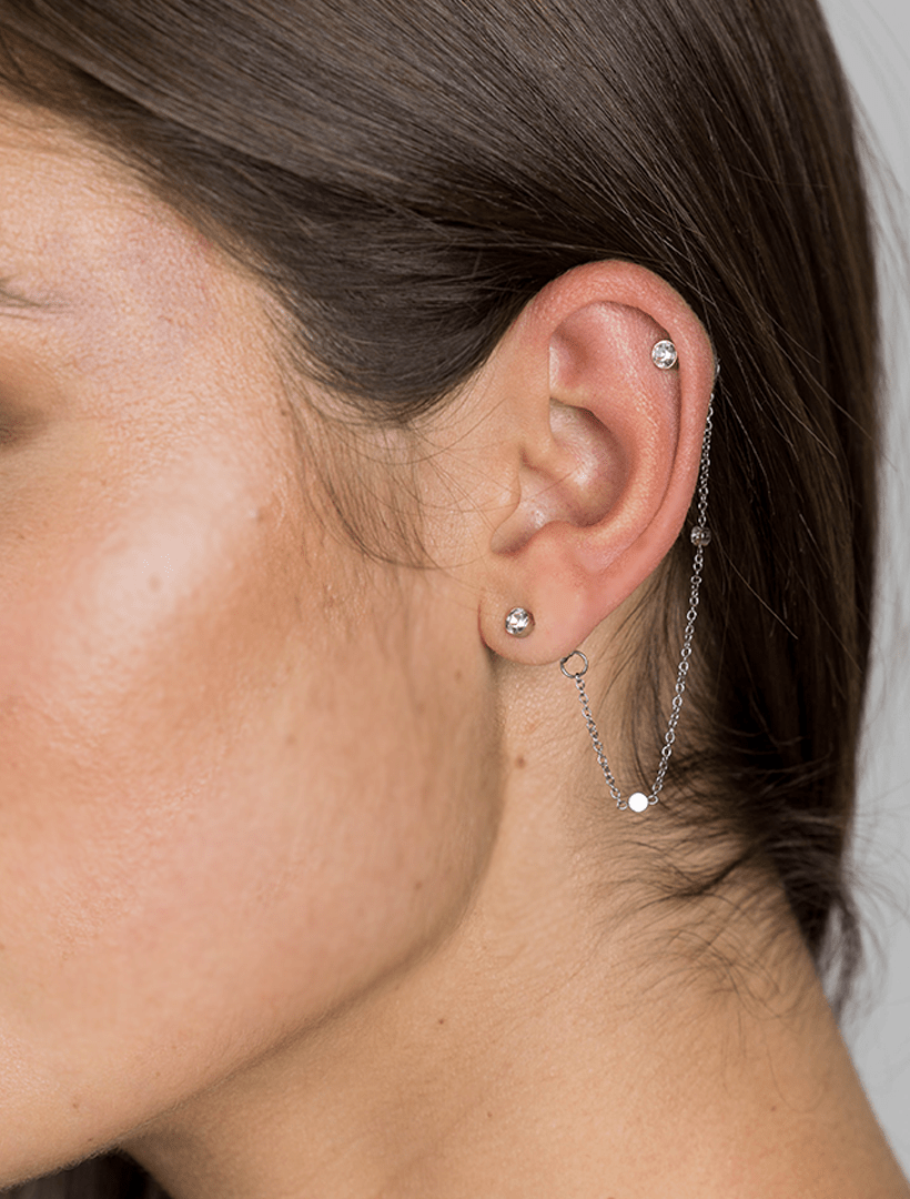 Chain Connected Crystal Studs Silver - Zjoosh