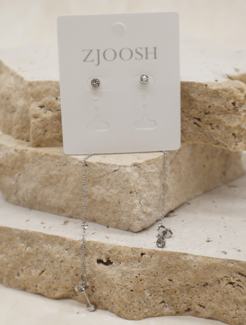 Chain Connected Crystal Studs Silver - Zjoosh