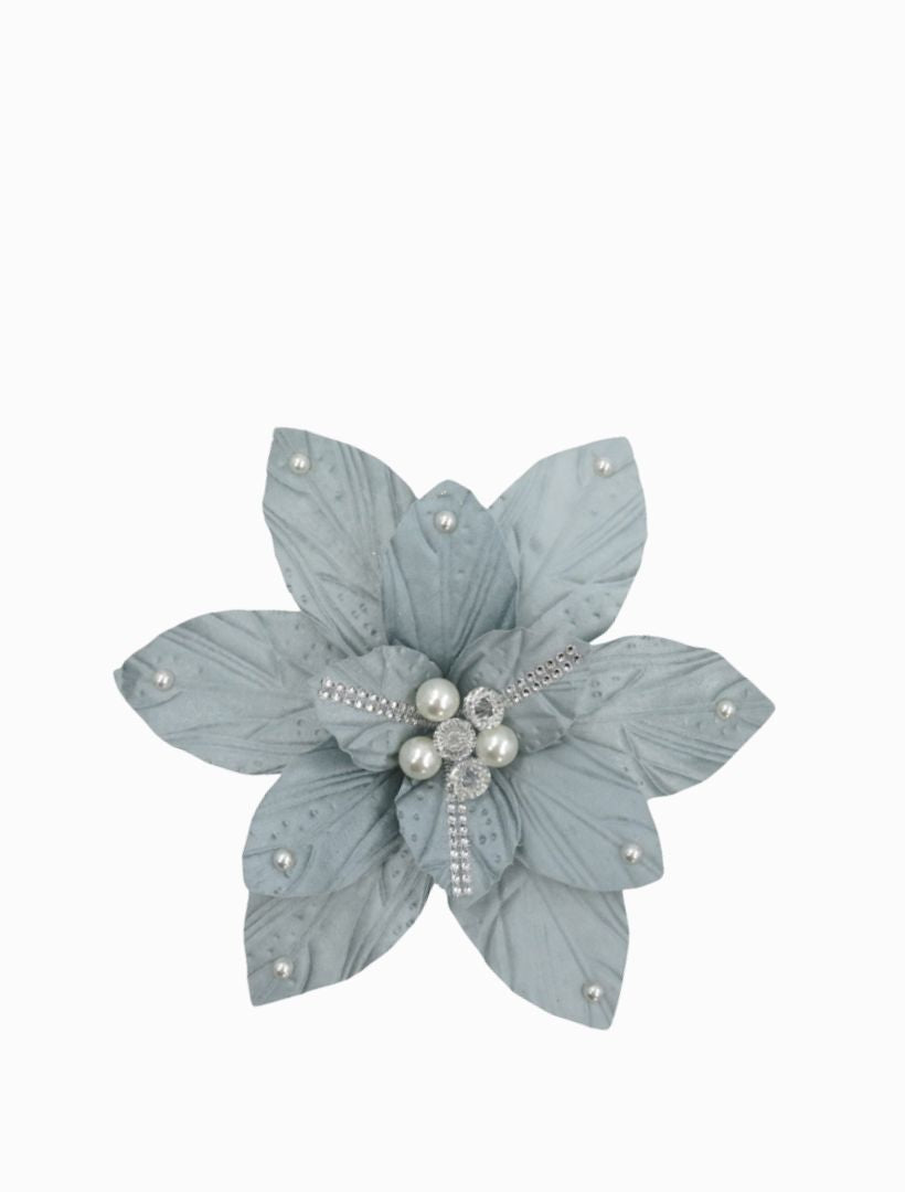 Fabric Clip Poinsettia Grey Silver Beads