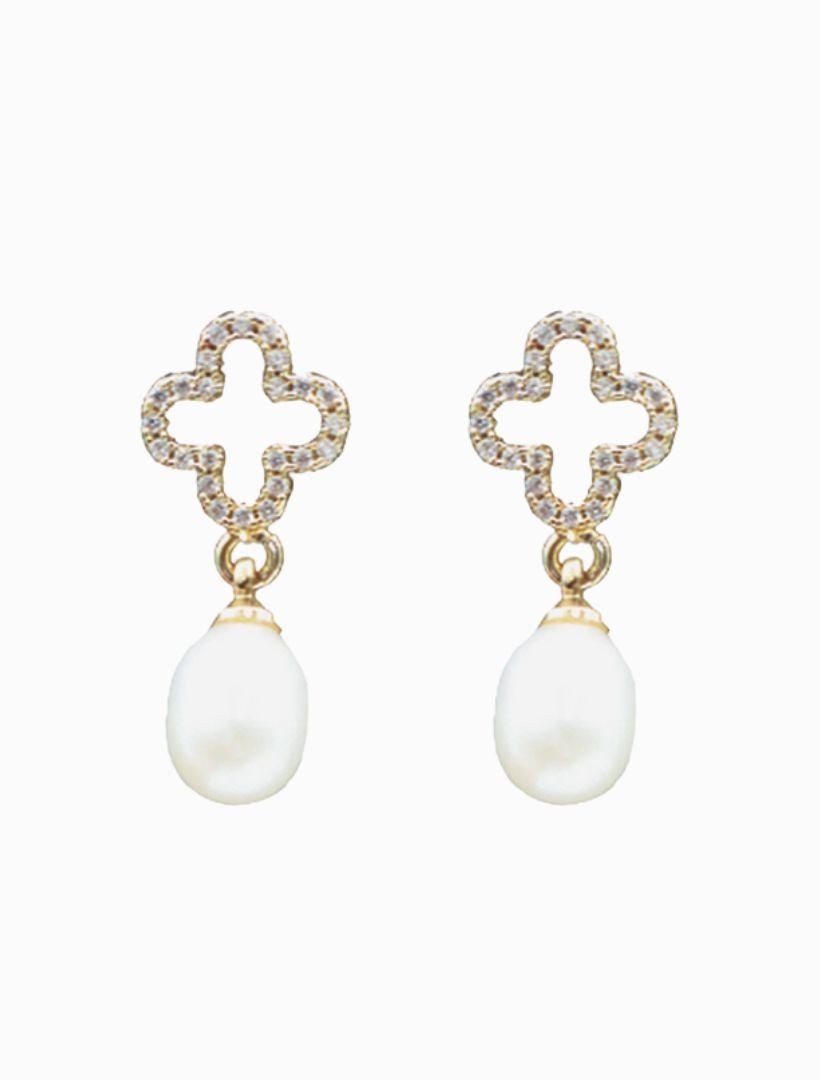 front view of cubic zirconia clove with freshwater pearl drop earring - zjoosh