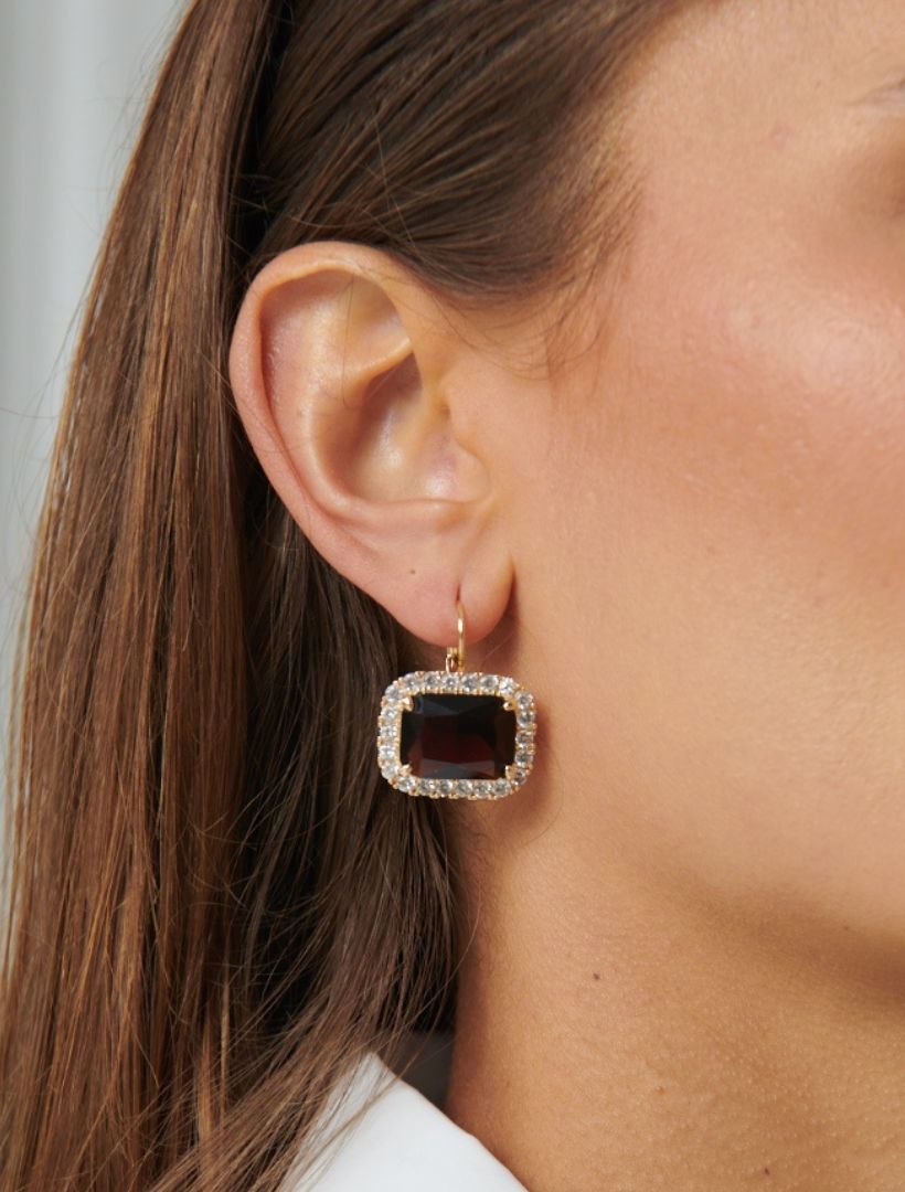 model earing french hoock earring with chocolate stone centre and crystal surrounding stones. 