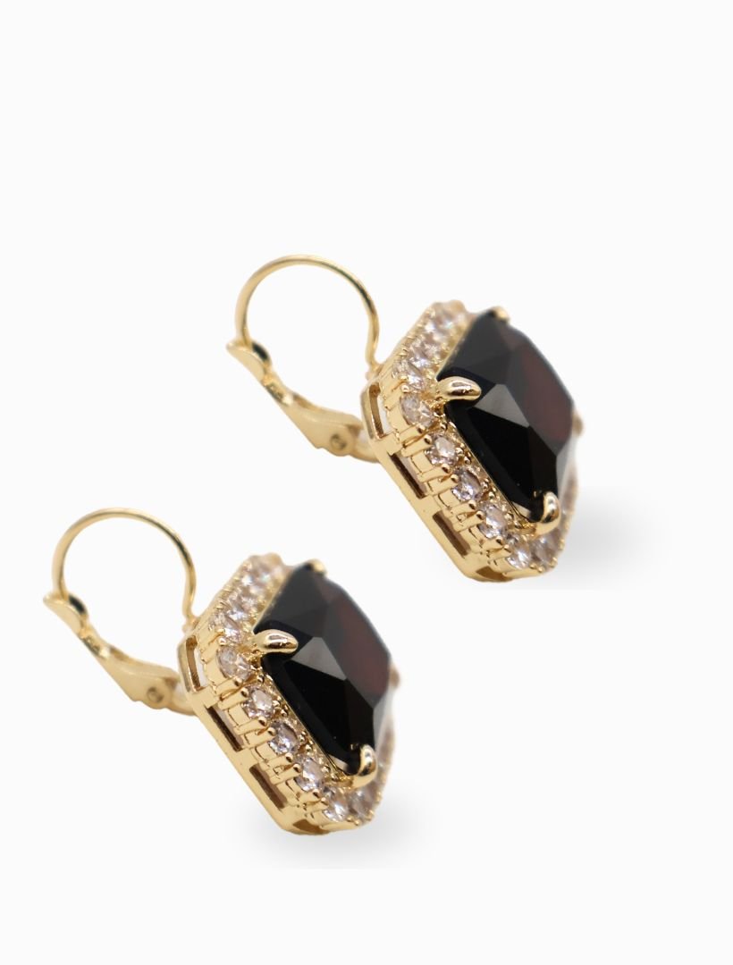 side view of french hook earrings, with chocolate centre stone and crystal surrounding stones in a gold setting - zjoosh