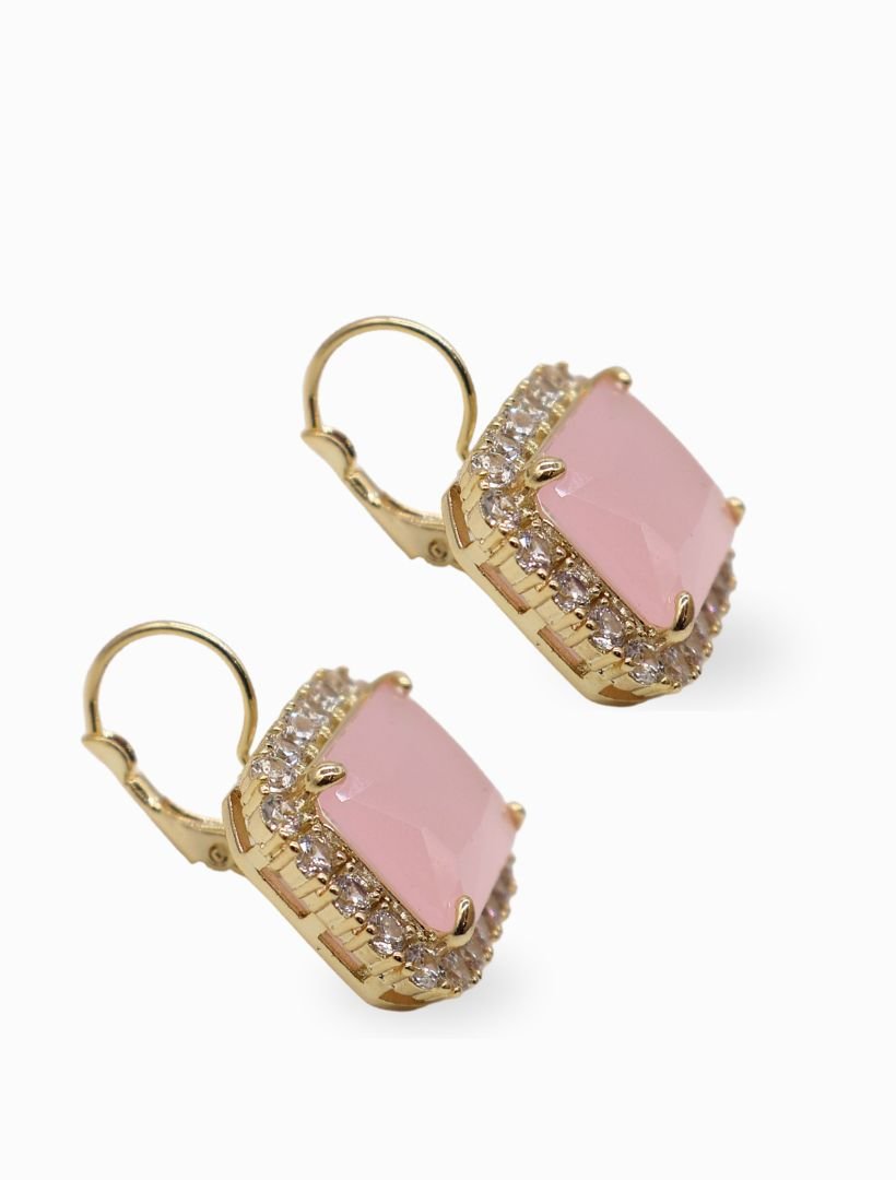 Side view of gold hook earring with pale pink centre stone and crystal surrounding stones - zjoosh