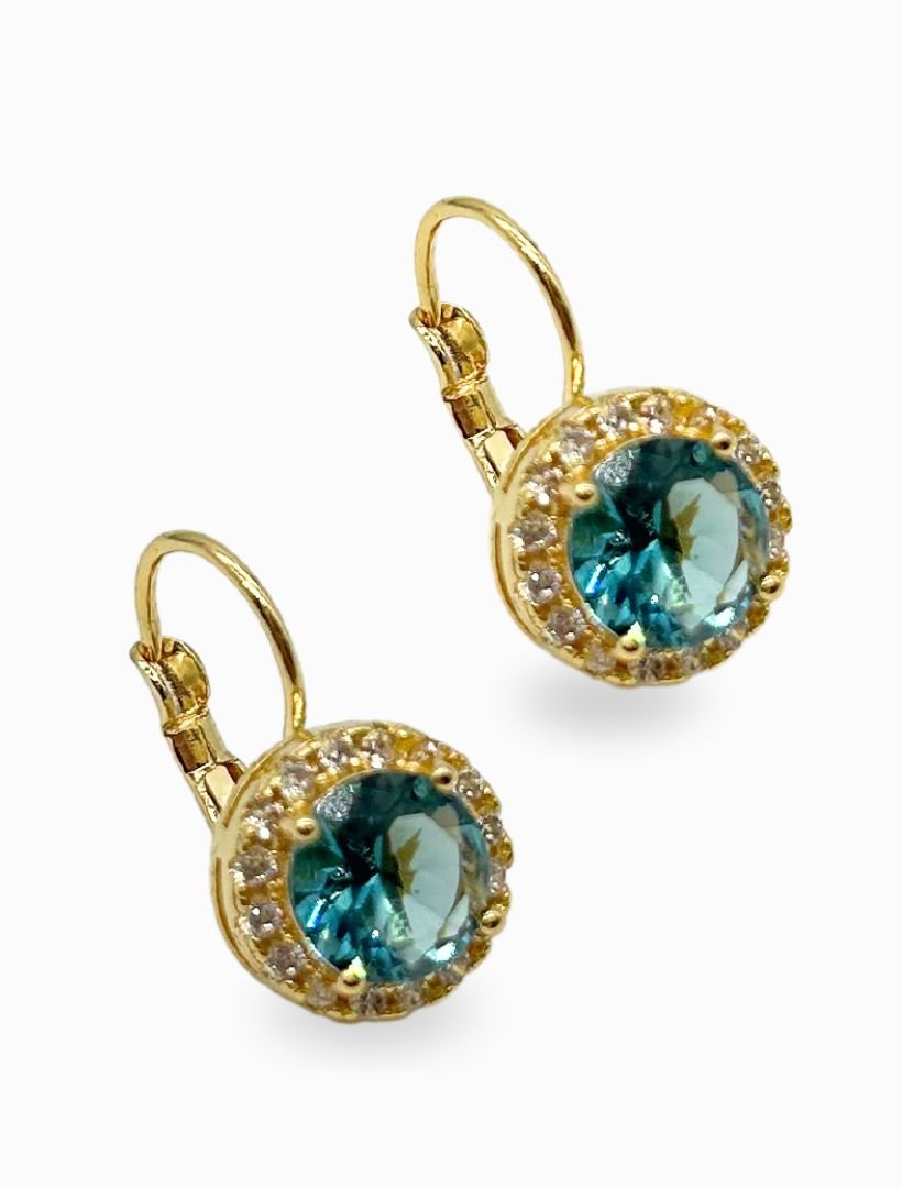 front view of gold french hook earrings with round light blue centre stone and surrounding white crystals - zjoosh