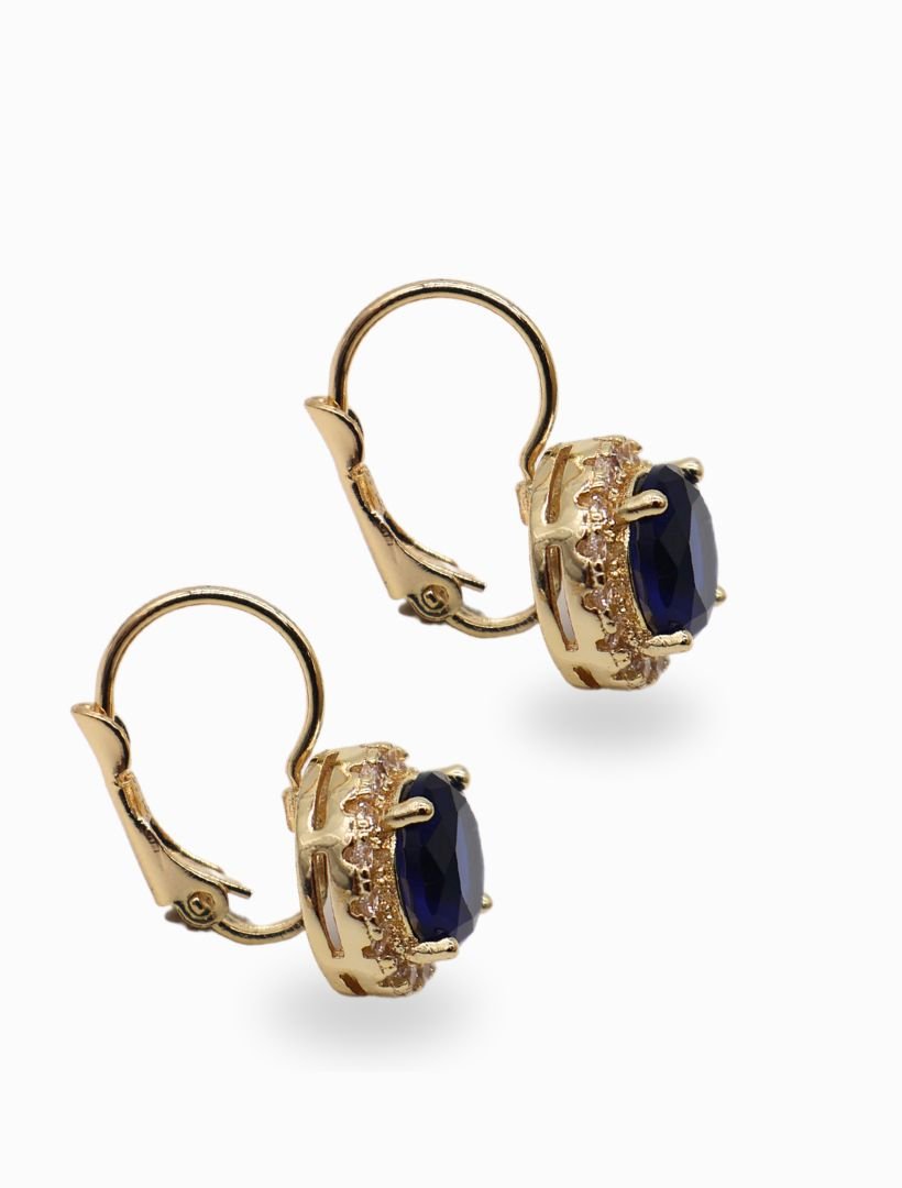 side view of gold french hook earring with round dark blue centre stone and surrounding white crystals - zjoosh